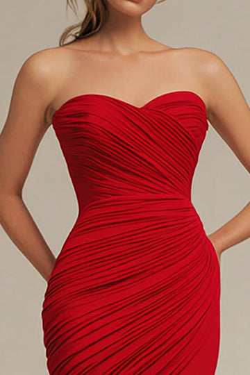 Strapless Matte Satin Red Pleated Mermaid Evening Dress